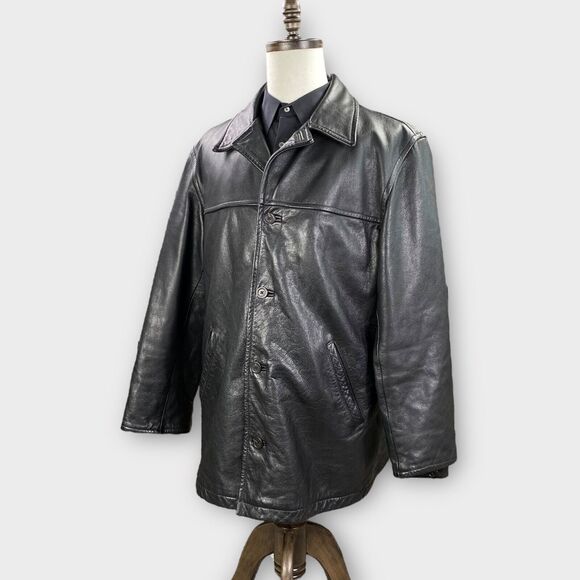 VINTAGE J Crew Jacket Mens Large Black Leather Wool Lined Quilted Heavy Coat - Picture 2 of 11